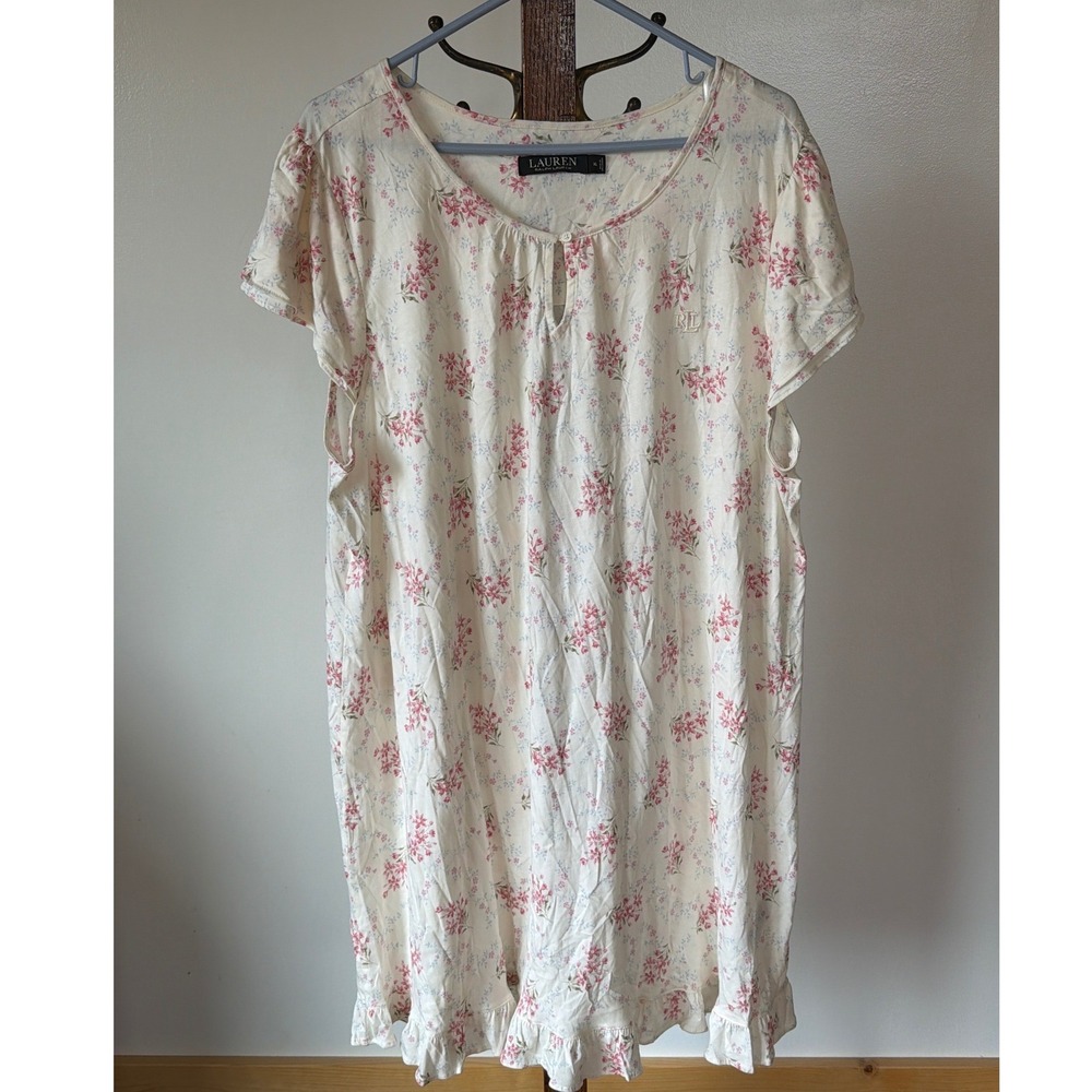 Lauren Ralph Lauren Floral Nightgown XL Cream Pink Ruffle Hem Cotton Blend Sleep